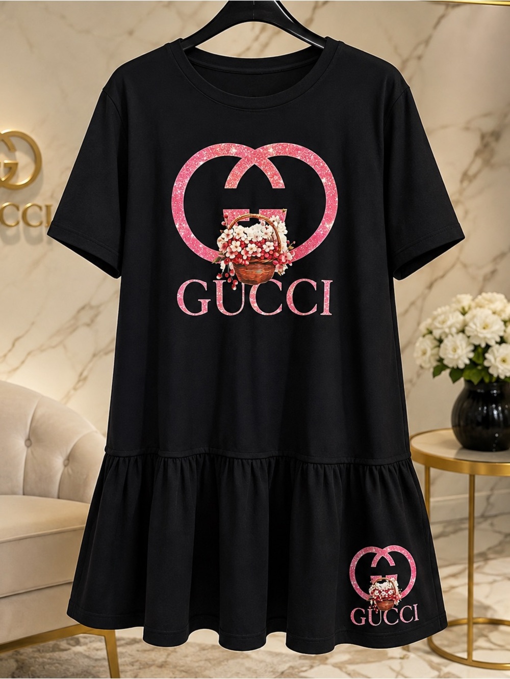 Plus Size Black Short-Sleeve Dress with Pink Logo and Floral Basket